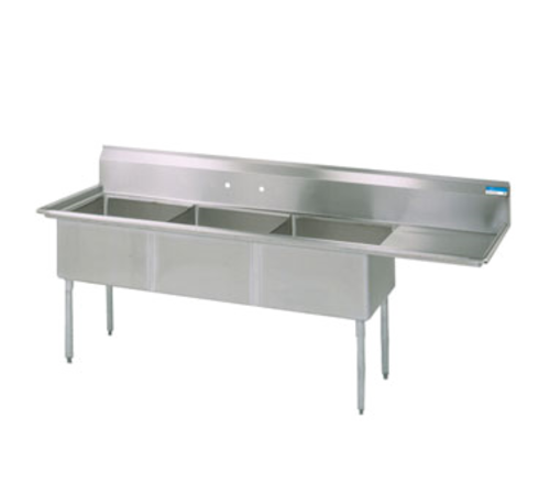 BK Resources BKS-3-18-12-18R 3 Compartment Sink w/18" Right Drainboard - Galvanized Legs | 74.5" Length