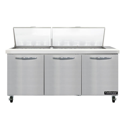 Continental SW72N27M 72" 3-Door Mega Top Refrigerated Sandwich Prep Table | (27) 1/6 Pan