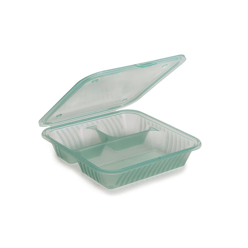 G.E.T. EC-16-JA Eco-Takeouts Jade 9 x 9" Reusable 3-Compartment Plastic Take Out Containers | Case of 12