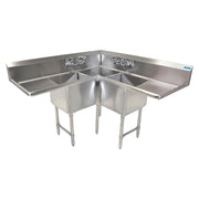BK Resources BKCS-3-18-14-24T 3 Compartment Corner Sink w/24" Left and Right Drainboards - Galvanized Legs | 63" Length