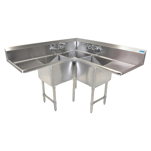 BK Resources BKCS-3-18-14-24T 3 Compartment Corner Sink w/24" Left and Right Drainboards - Galvanized Legs | 63" Length