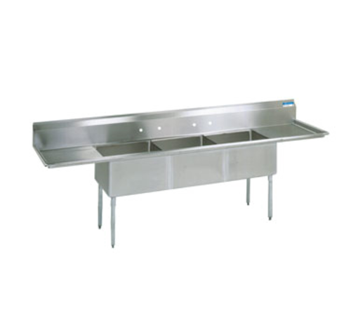 BK Resources BKS-3-24-14-24T 3 Compartment Sink w/24" Left and Right Drainboards - Galvanized Legs | 120" Length