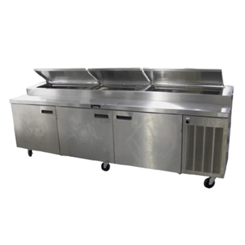 Delfield 186114PTBMP 114" 3 Door Refrigerated Pizza Prep Table | (14) 1/3 Pan