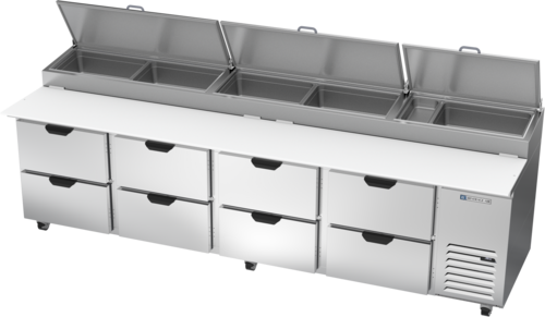 Beverage Air DPD119HC-8 119" 8 Drawer Refrigerated Pizza Prep Table | 42.2 Cu. Ft.