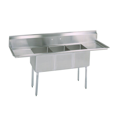 BK Resources BKS-3-15-14-15T 3 Compartment Sink w/15" Left and Right Drainboards - Galvanized Legs | 75" Length