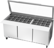 Beverage Air SPE72HC-30M-STL 72" 3 Door Mega Top Refrigerated Sandwich Prep Table w/ Clear Lid | (30) 1/6 Pan