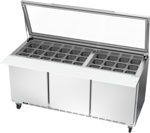 Beverage Air SPE72HC-30M-STL 72" 3 Door Mega Top Refrigerated Sandwich Prep Table w/ Clear Lid | (30) 1/6 Pan
