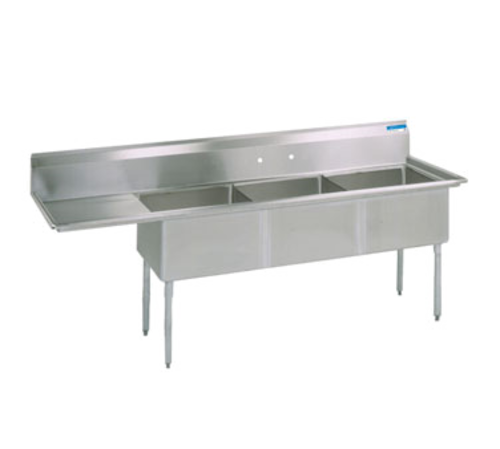 BK Resources BKS-3-18-12-18LS 3 Compartment Sink w/18" Left Drainboard - Stainless Steel Legs | 74.5" Length