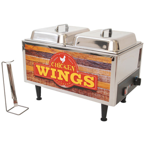 Winco 51072W Electric Countertop Chicken Wing Warmer | (2) 4" Deep 1/2 Size Pans