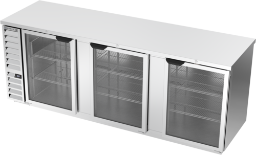 Beverage Air BB94HC-1-FG-S 95" 3 Glass Door Stainless Food Rated Back Bar Cooler | 37.82 Cu. Ft.