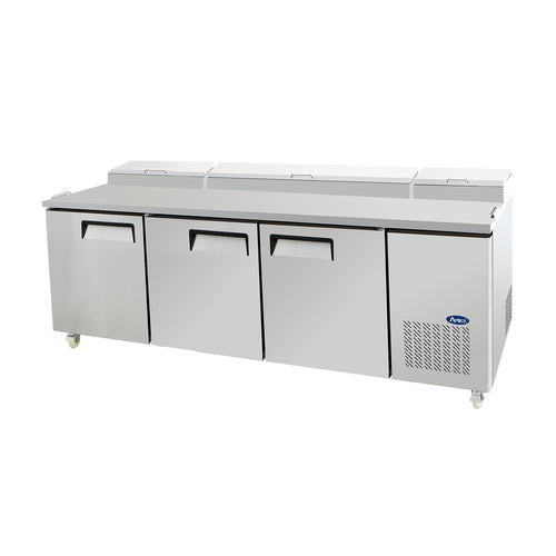 Atosa MPF8203GR 93" 3-Solid Door Side Mount Refrigerated Pizza Prep Table | 28.4 Cu. Ft.