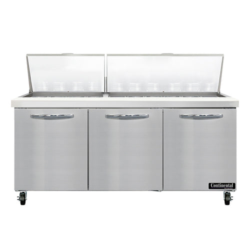Continental SW72N30M 72" 3-Door Mega Top Refrigerated Sandwich Prep Table | (30) 1/6 Pan