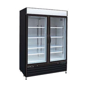 Black two-door commercial refrigerator with glass doors on a white background