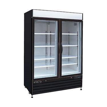 Black two-door commercial refrigerator with glass doors on a white background