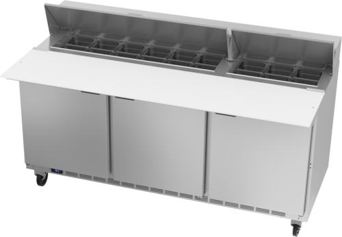 Beverage Air SPE72HC-18C 72" 3 Door Rear Mount Refrigerated Sandwich Prep Table | (18) 1/6 Pan