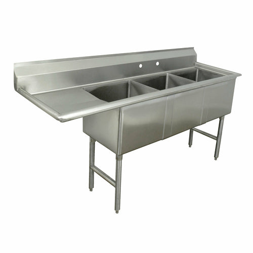 Advance Tabco FC-3-1824-18L-X 90" x 30" 3-Compartment Fabricated Sink w/ 18" Left Drainboard