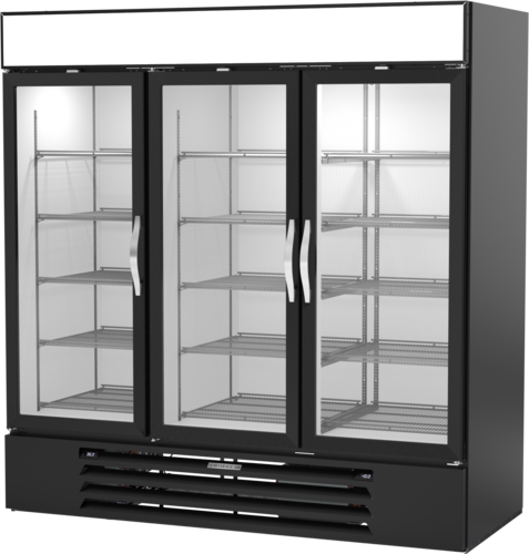 Beverage Air MMRF72-1-B-BW Black 3 Glass Door Dual Temp Refrigerator Freezer Merchandiser | 64.47 Cu. Ft.
