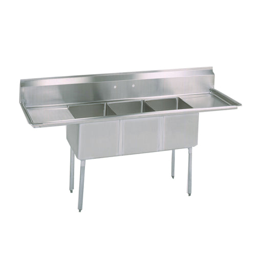 BK Resources BKS-3-1824-14-18TS 3 Compartment Sink w/18" Left and Right Drainboards - Stainless Steel Legs | 90" Length