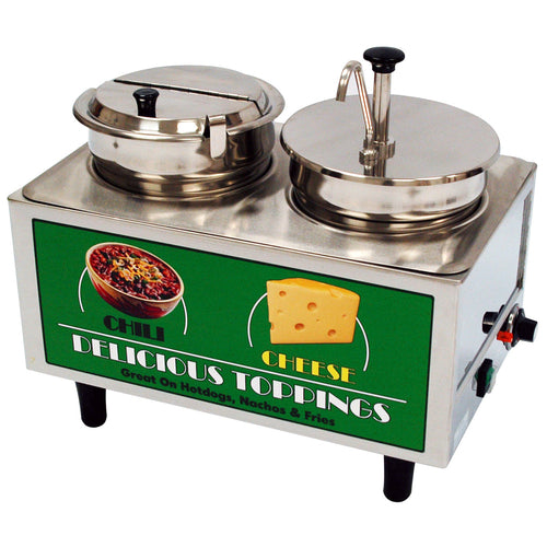 Winco 51073A Dual Well Chili & Cheese Warmer | (1) Pump and (1) 7 Qt. Well with Ladle