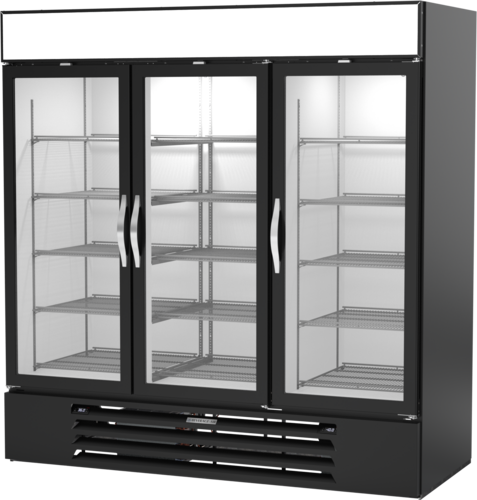 Beverage Air MMRF72-1-C-BW Black 3 Glass Door Dual Temp Refrigerator Freezer Merchandiser | 64.47 Cu. Ft.