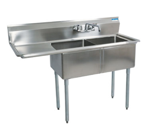 BK Resources BKS-2-24-14-24L 2 Compartment Sink w/24" Left Drainboard - Galvanized Legs | 74.5" Length