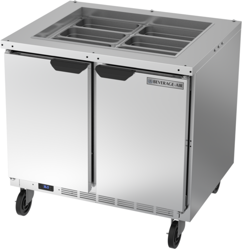 Beverage Air SPE36HC-S 36" 2 Door Refrigerated Salad Prep Table with Lift-Off Lid | 10.01 Cu. Ft.