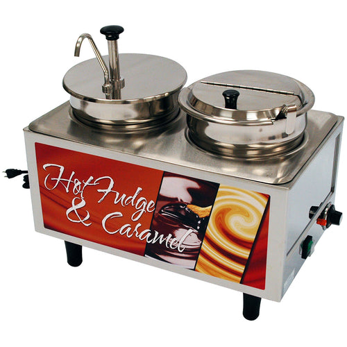 Winco 51073H Dual Well Hot Fudge Warmer | (1) Pump and (1) 7 Qt. Well with Ladle