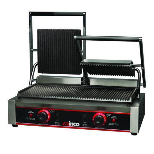 Winco EPG-2 Double Electric Countertop Panini Grill  w/ Ribbed Plates | 19" x 9" Cooking Surface