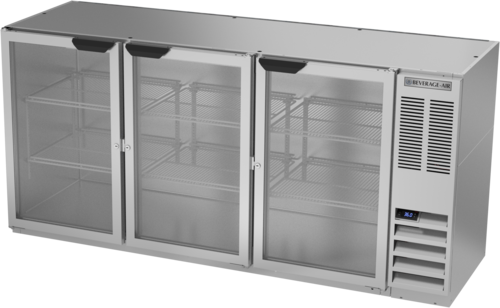 Beverage Air BB72HC-1-FG-S 72" 3 Glass Door Stainless Steel Food Rated Back Bar Cooler | 19.92 Cu. Ft.