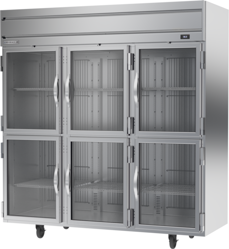 Beverage Air HRPS3HC-1HG 78" 6 Glass Half Door Top Mount Reach In Refrigerator | 71.52 Cu. Ft.