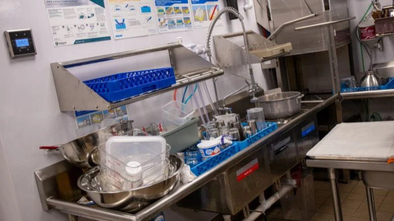 Three-compartment sink with dish racks, utensils, and warewashing setup in commercial kitchen