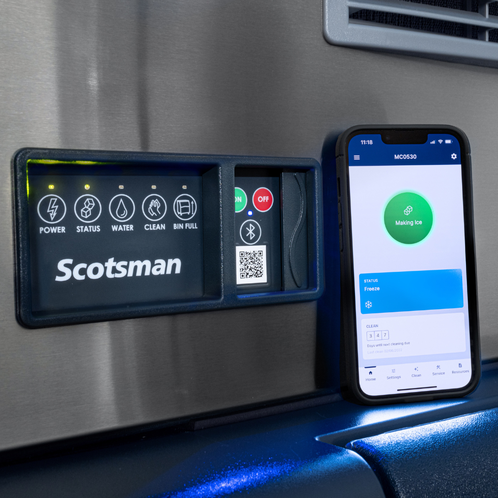 Digital display and smartphone monitoring app on a Scotsman ice machine head.