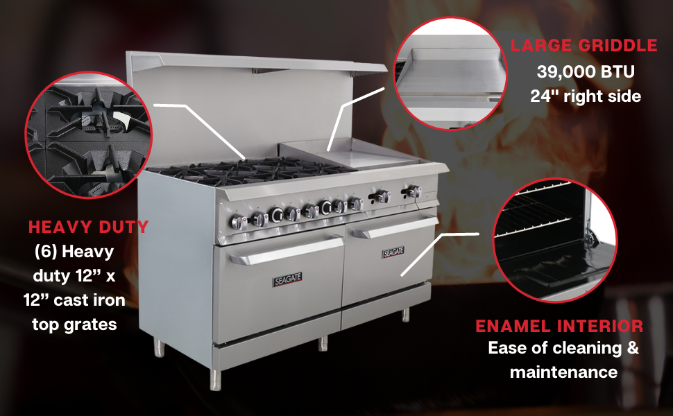 SEAGATE SGR-6B-24MG-60 60" Gas Range w/ 6-Burners, 24" Griddle, 2 Standard Ovens | 306,000 BTU