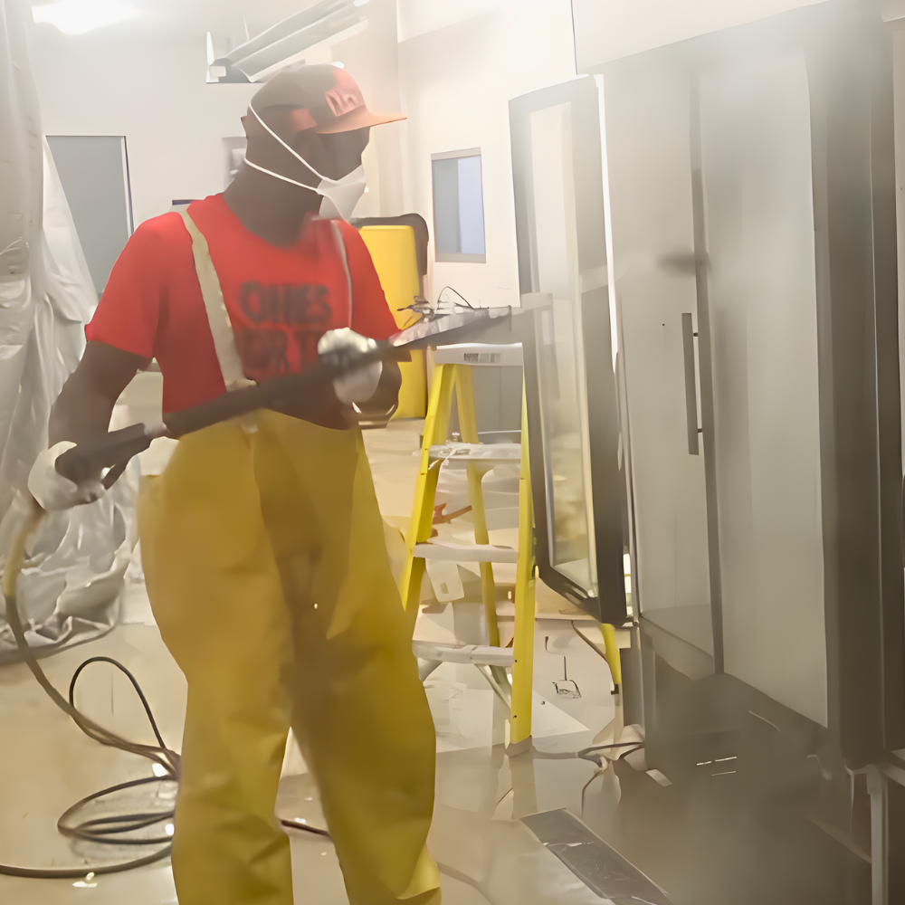 A technician in protective gear pressure washing a commercial refrigerator in a cleaning booth.