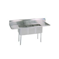 BK Resources BKS-3-1824-14-18T 3 Compartment Sink w/18" Left and Right Drainboards - Galvanized Legs | 90" Length