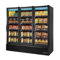 True FLM-81~TSL01 3-Glass Swing Door Full Length Merchandiser Refrigerator in black filled with frozen pizzas