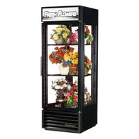 True G4SM-23FC-HC~TSL011-Glass Swing Door Floral Merchandiser in black with floral arrangements