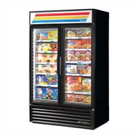 True GDM-43F-HC~TSL01 2-Glass Swing Door Merchandiser Freezer in black filled with frozen snacks
