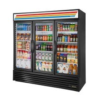 True GDM-72-HC~TSL01 3-Glass Swing Door Merchandiser Refrigerator in black filled with drinks