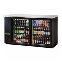 True TBB-24-60G-HC-LD 61" 2-Glass Door Black Vinyl Back Bar Cooler filled with beer bottles and cans of energy drinks