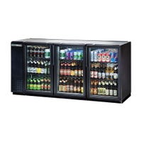 True TBB-24GAL-72G-HC-LD 3-Glass Door Black Vinyl Galvanized Top Back Bar Cooler filled with beer bottles and cans of energy drinks