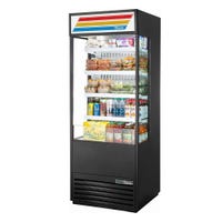 True TOAM-30GS-HC~TSL01 30" Vertical Open Display Merchandiser in black with Glass Sides filled with food and drinks