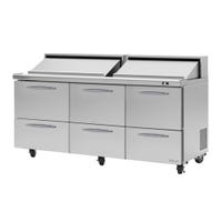 Left turn front view stainless steel Sandwich prep table with 6 drawers and 2 hoods