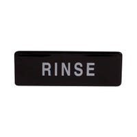 Black matte sign, words Rinse in white lettering